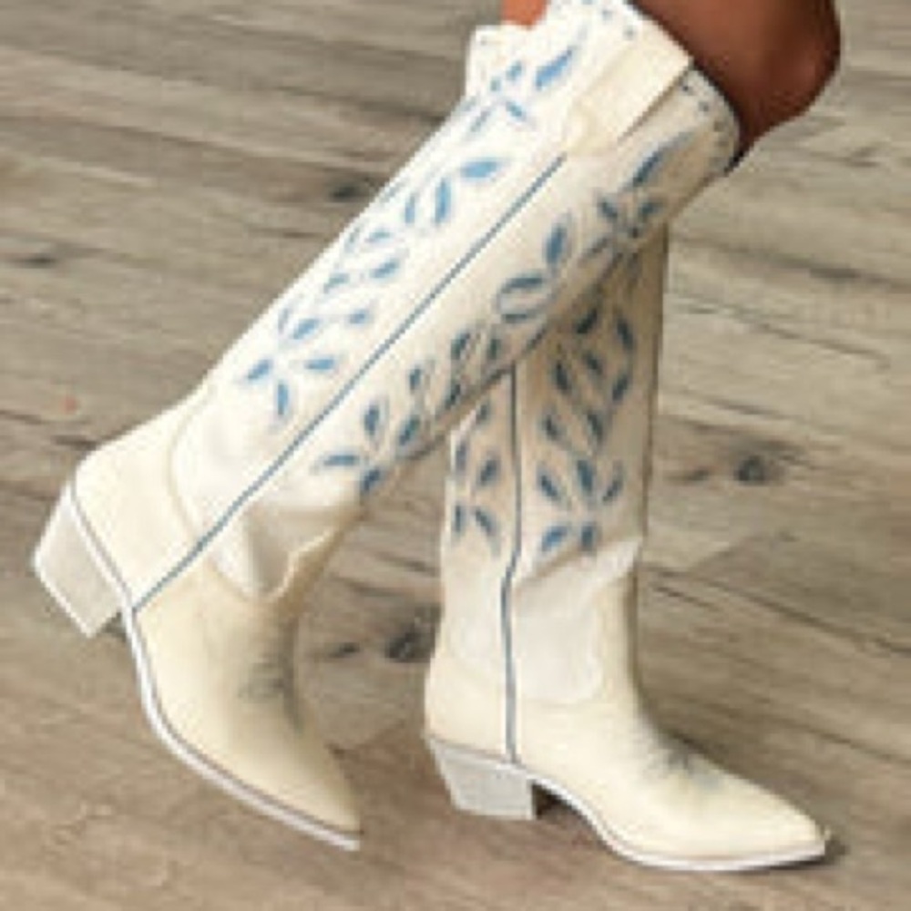 TALULAH Cream and Blue Cowboy Boots with Embroidery